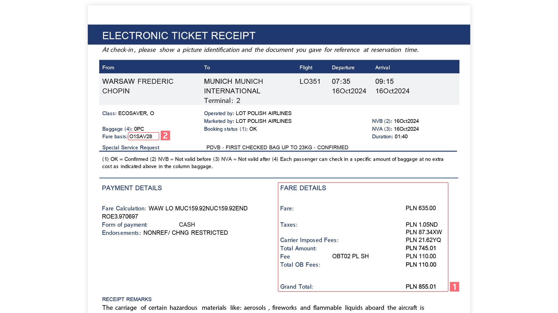 graphic of electronic booking confirmation and how to read fare details